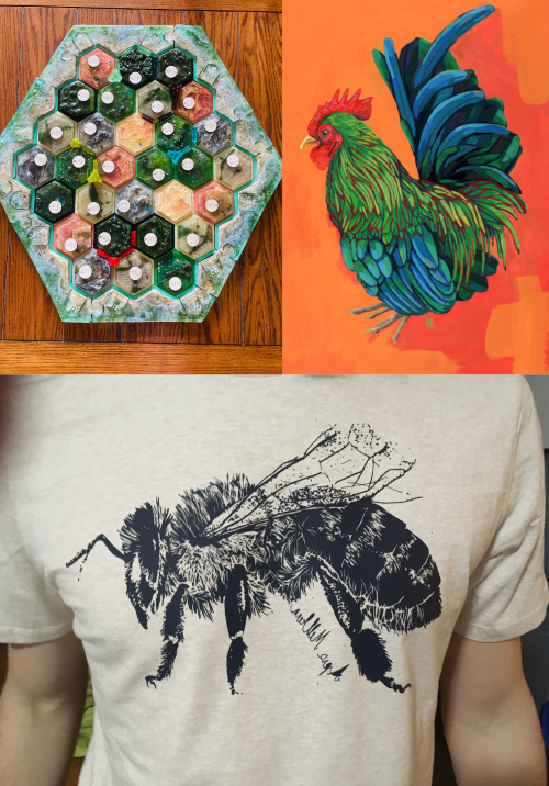 Hannah Haberecht loves art. Here she displays a Settlers of Catan board made of wood, plaster, watercolor, and resin; a painting of a rooster in Gouache; and a digitally designed honeybee graphic.
